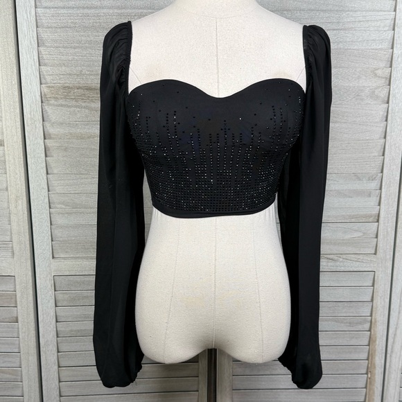 WINDSOR Cropped Beaded Top with Sheer Sleeves Black-Small - Picture 2 of 3